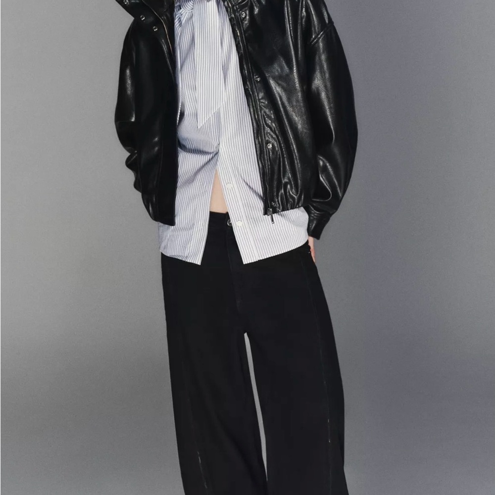 Black Faux Leather Bomber Jacket - Women's